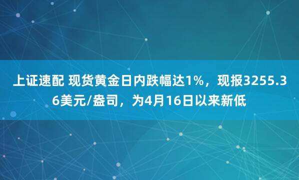 上证速配 现货黄金日内跌幅达1%，现报3255.36美元/盎司，为4月16日以来新低