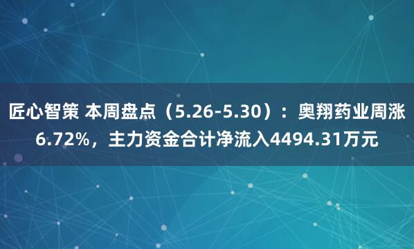 匠心智策 本周盘点（5.26-5.30）：奥翔药业周涨6.72%，主力资金合计净流入4494.31万元