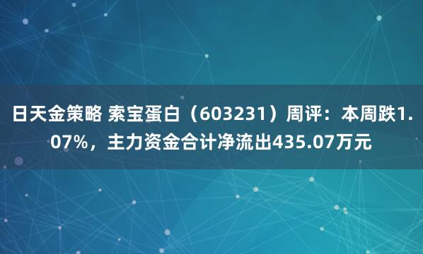 日天金策略 索宝蛋白（603231）周评：本周跌1.07%，主力资金合计净流出435.07万元